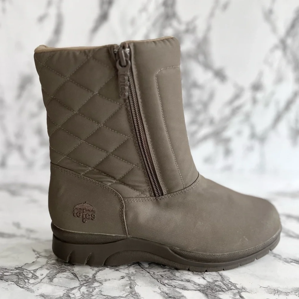 Totes Snow Boots Taupe Quilted Short Waterproof Winter 6
